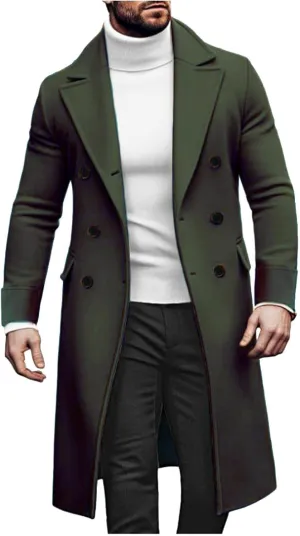 Mens Wool Blend Pea Coat Slim Fit Winter Trench Coat Notched Lapel Double Breasted Overcoat Business Mid Long Jacket