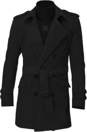 Men's Wool Blend Pea Coat Warm Winter Business Trench Coat Jackets Notched Band Collar Double Breasted Overcoat