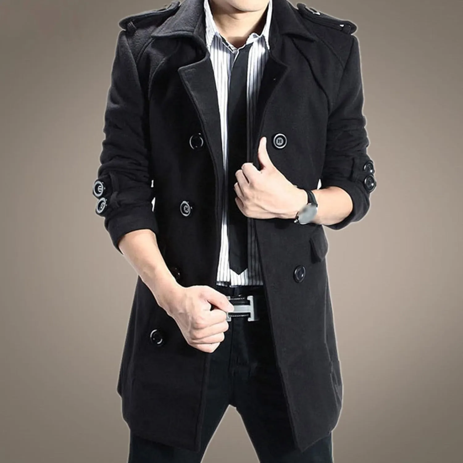 Men's Wool Blend Pea Coat Warm Winter Business Trench Coat Jackets Notched Band Collar Double Breasted Overcoat