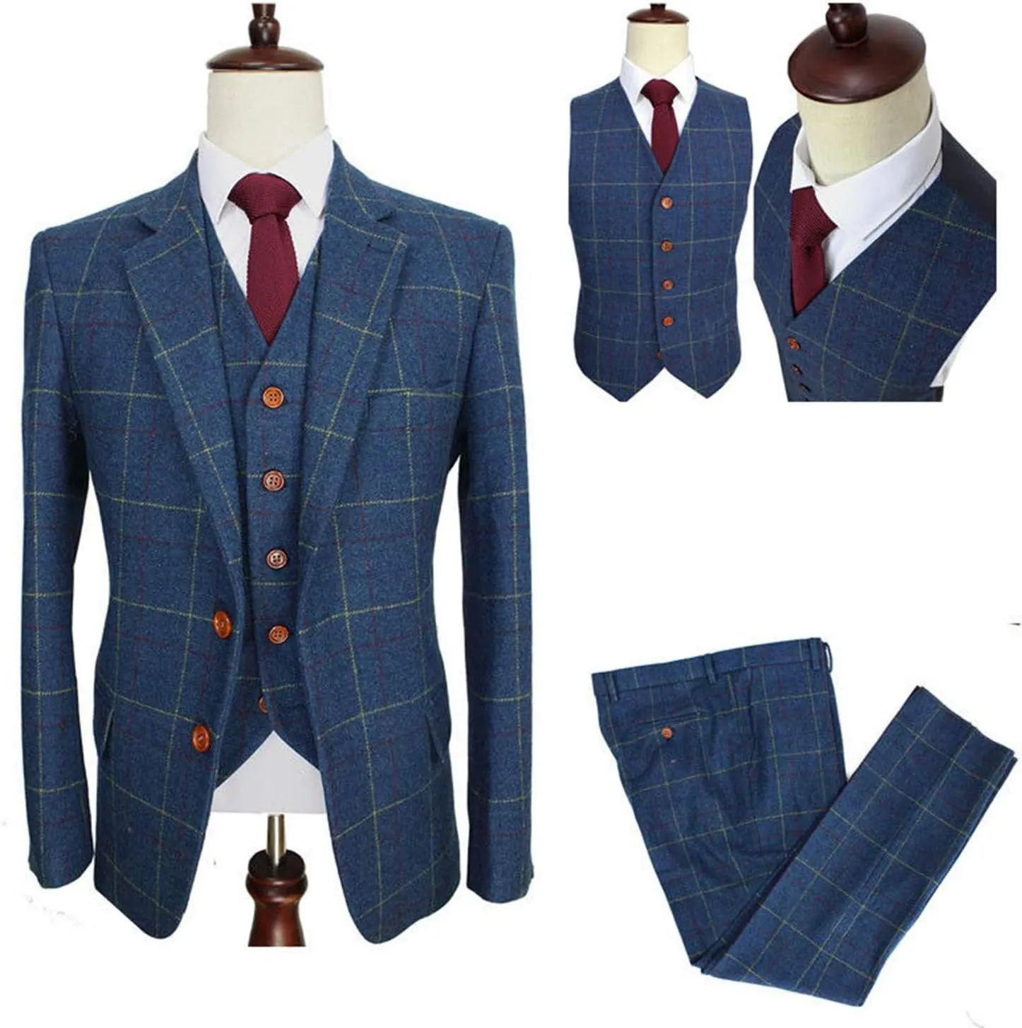 Mens Wool Blend Tweed Slim Fit Check Plaid Casual Dress Suit Separate Pant