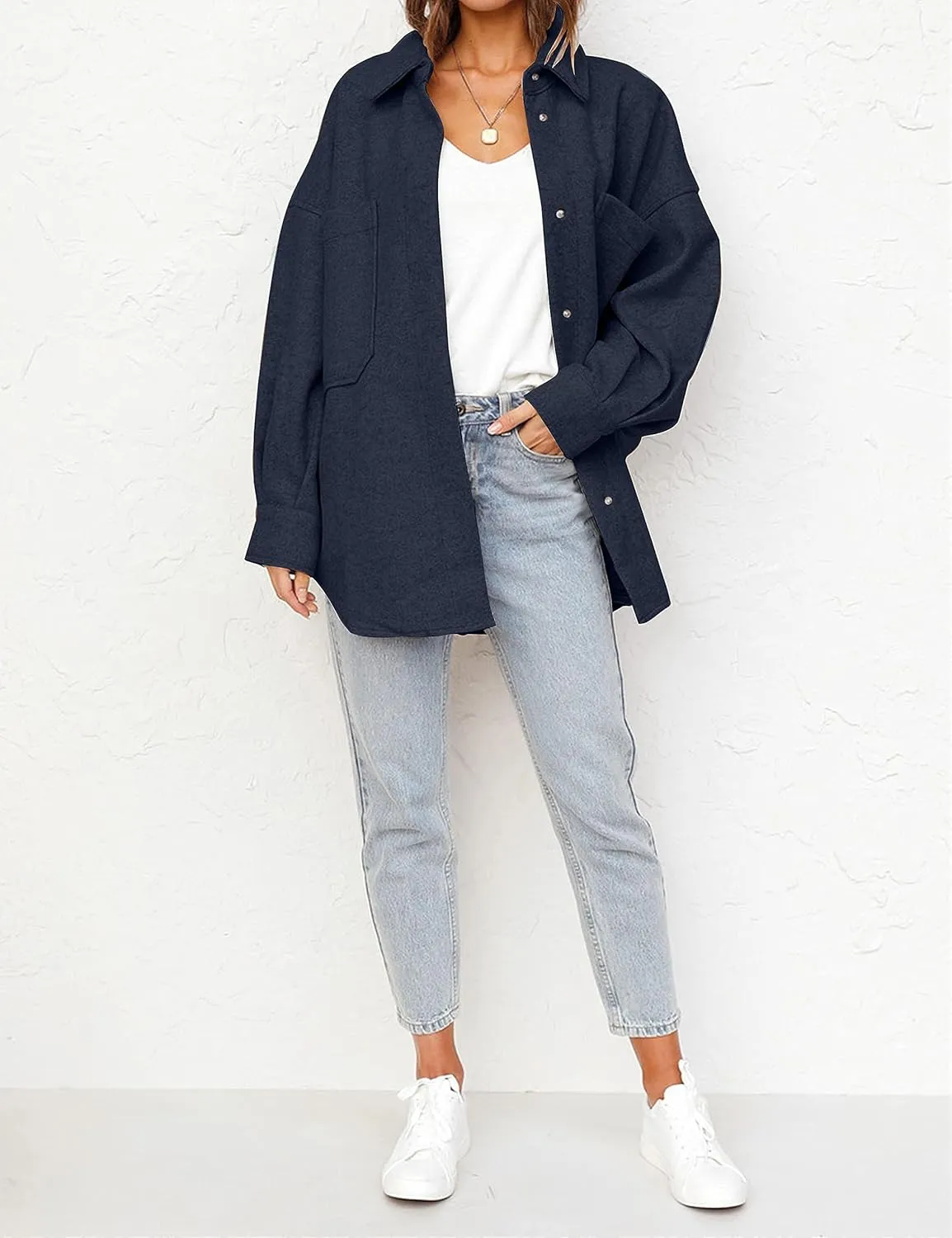 MEROKEETY Women's 2024 Fall Oversized Long Sleeve Shacket Jacket Button Down Wool Blend Coats with Pockets