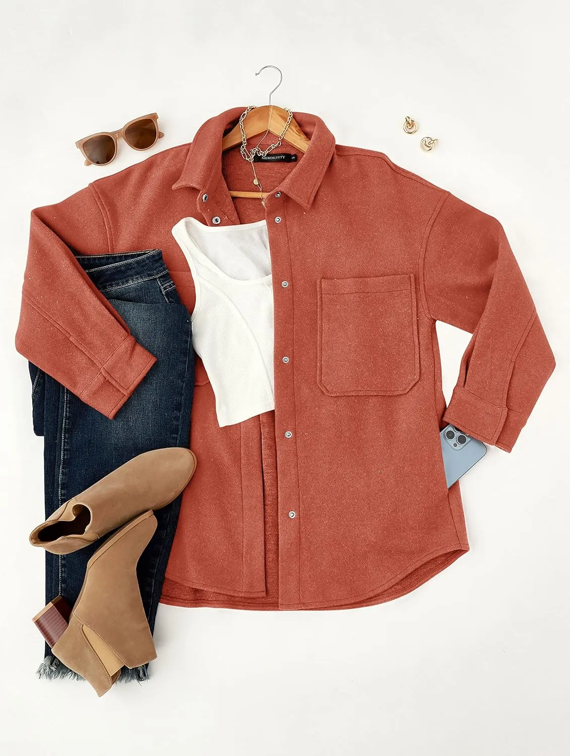 MEROKEETY Women's 2024 Fall Oversized Long Sleeve Shacket Jacket Button Down Wool Blend Coats with Pockets