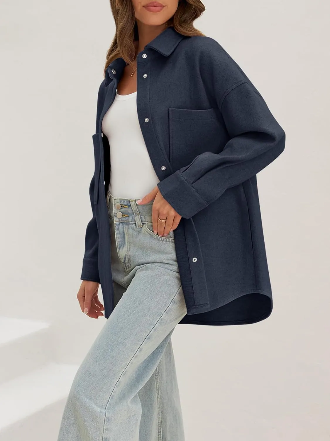 MEROKEETY Women's 2024 Fall Oversized Long Sleeve Shacket Jacket Button Down Wool Blend Coats with Pockets