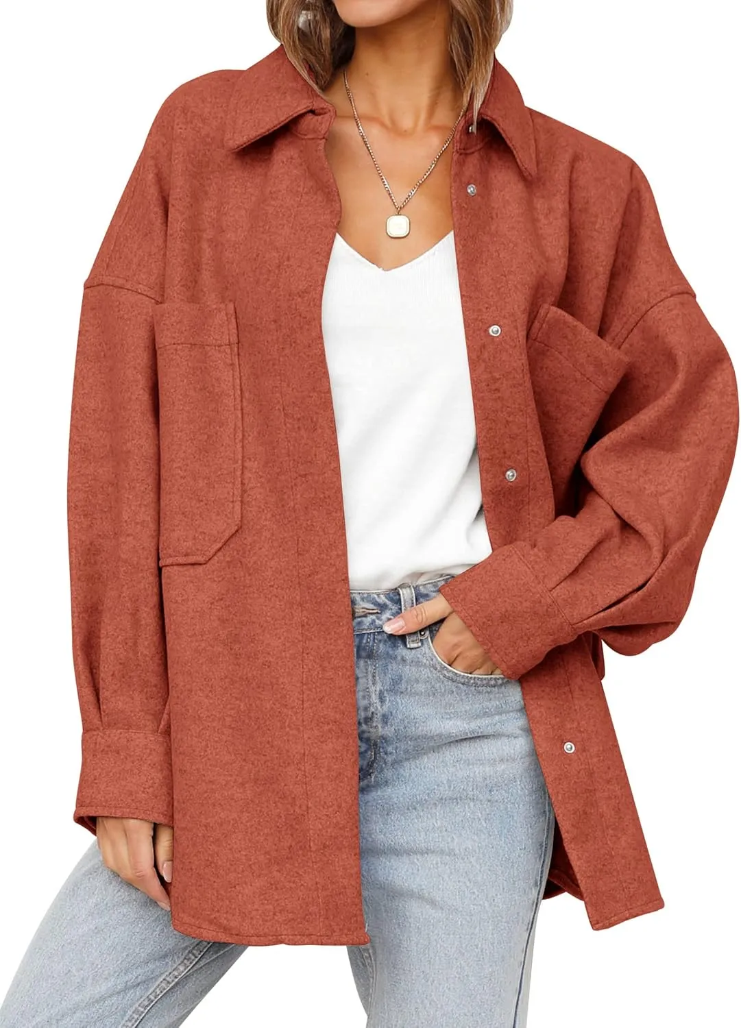 MEROKEETY Women's 2024 Fall Oversized Long Sleeve Shacket Jacket Button Down Wool Blend Coats with Pockets