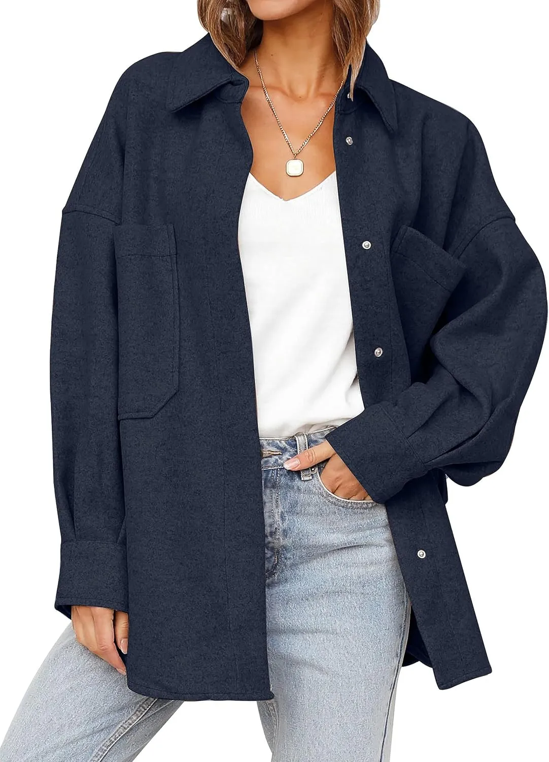 MEROKEETY Women's 2024 Fall Oversized Long Sleeve Shacket Jacket Button Down Wool Blend Coats with Pockets