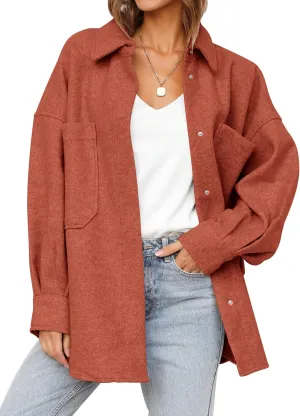 MEROKEETY Women's 2024 Fall Oversized Long Sleeve Shacket Jacket Button Down Wool Blend Coats with Pockets
