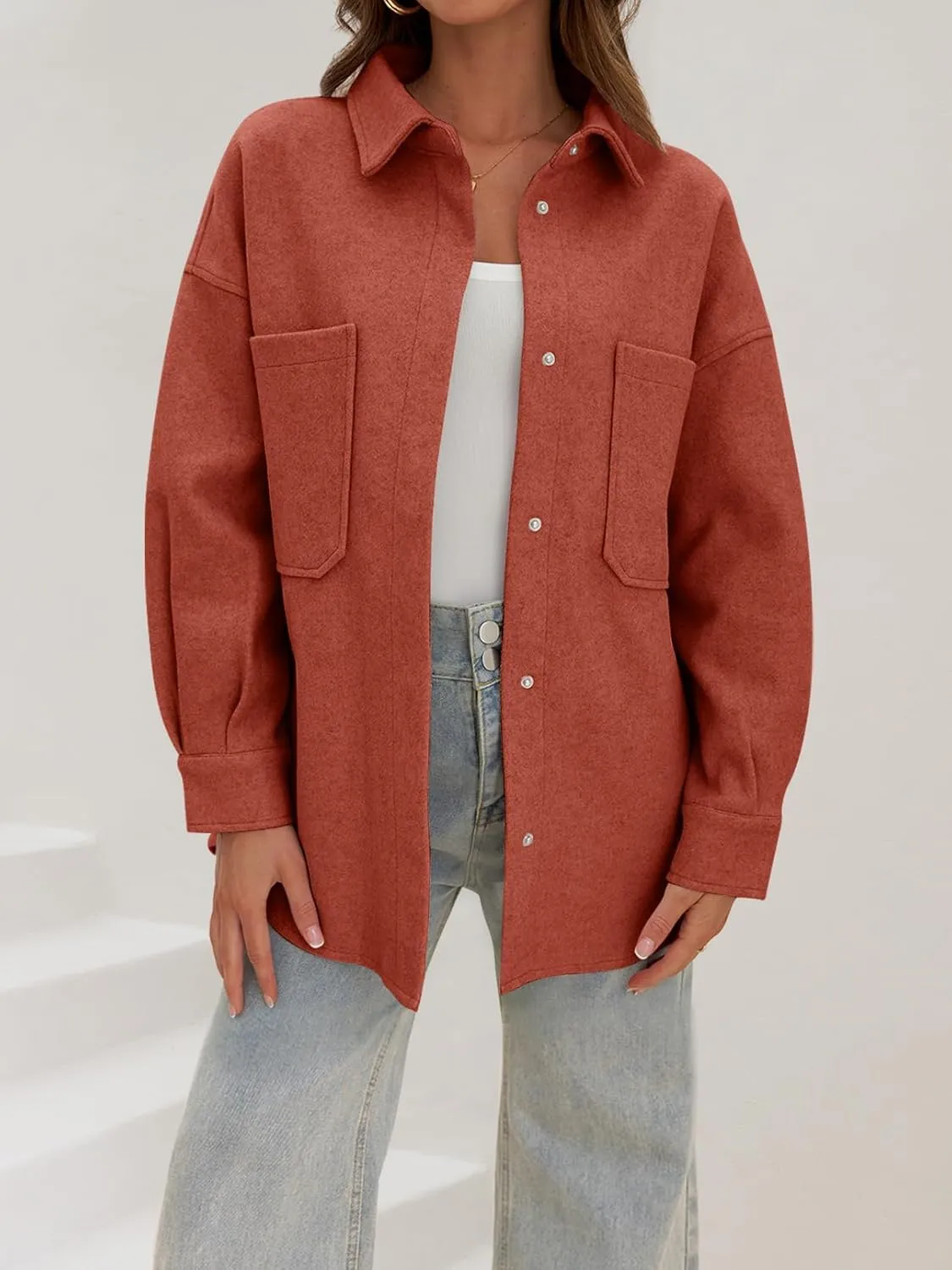 MEROKEETY Women's 2024 Fall Oversized Long Sleeve Shacket Jacket Button Down Wool Blend Coats with Pockets