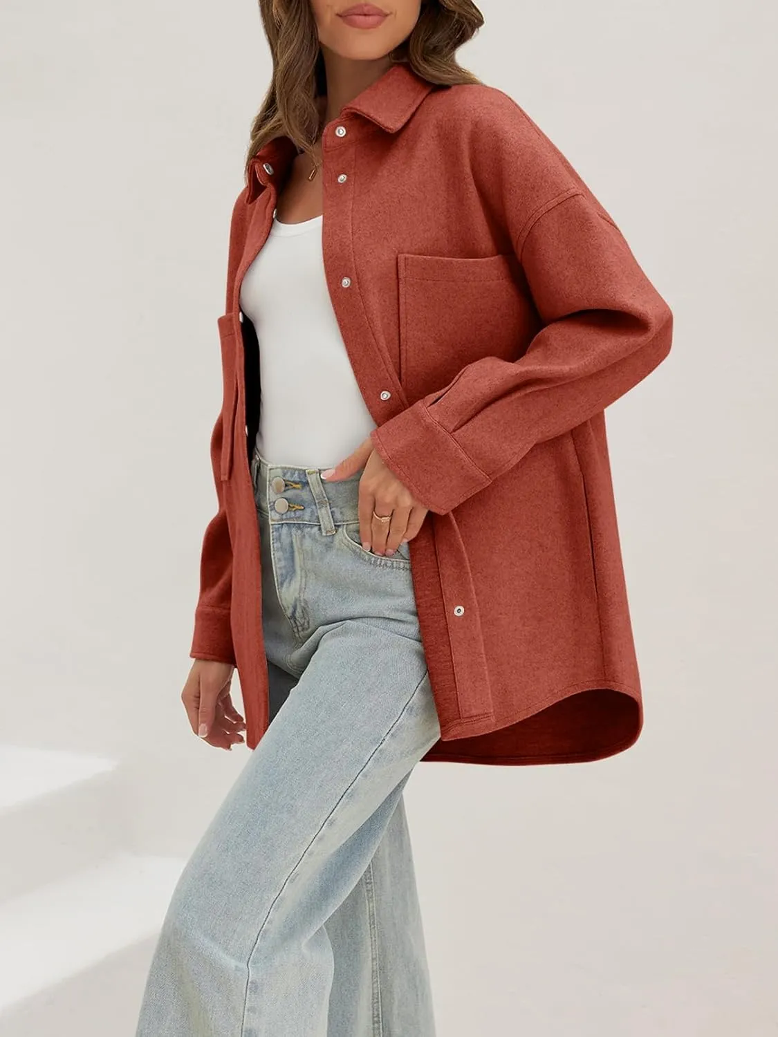 MEROKEETY Women's 2024 Fall Oversized Long Sleeve Shacket Jacket Button Down Wool Blend Coats with Pockets