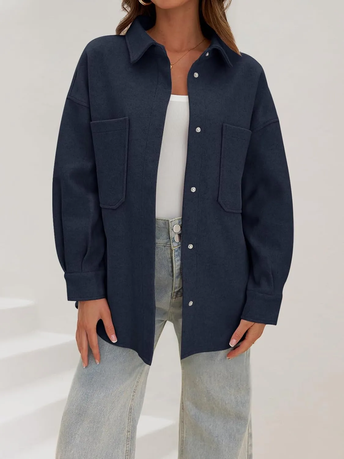 MEROKEETY Women's 2024 Fall Oversized Long Sleeve Shacket Jacket Button Down Wool Blend Coats with Pockets