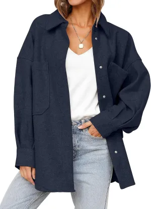 MEROKEETY Women's 2024 Fall Oversized Long Sleeve Shacket Jacket Button Down Wool Blend Coats with Pockets