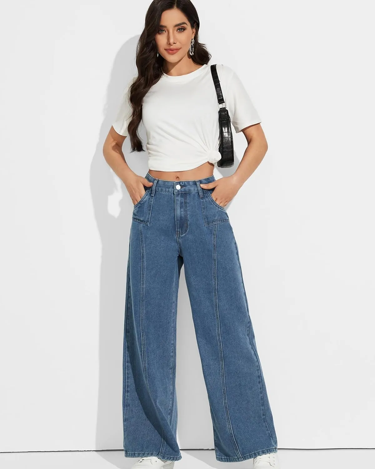 Mid Rise Wide Leg Jeans for Women Loose Front Seam Straight Leg Boyfriend Denim Pants Trendy