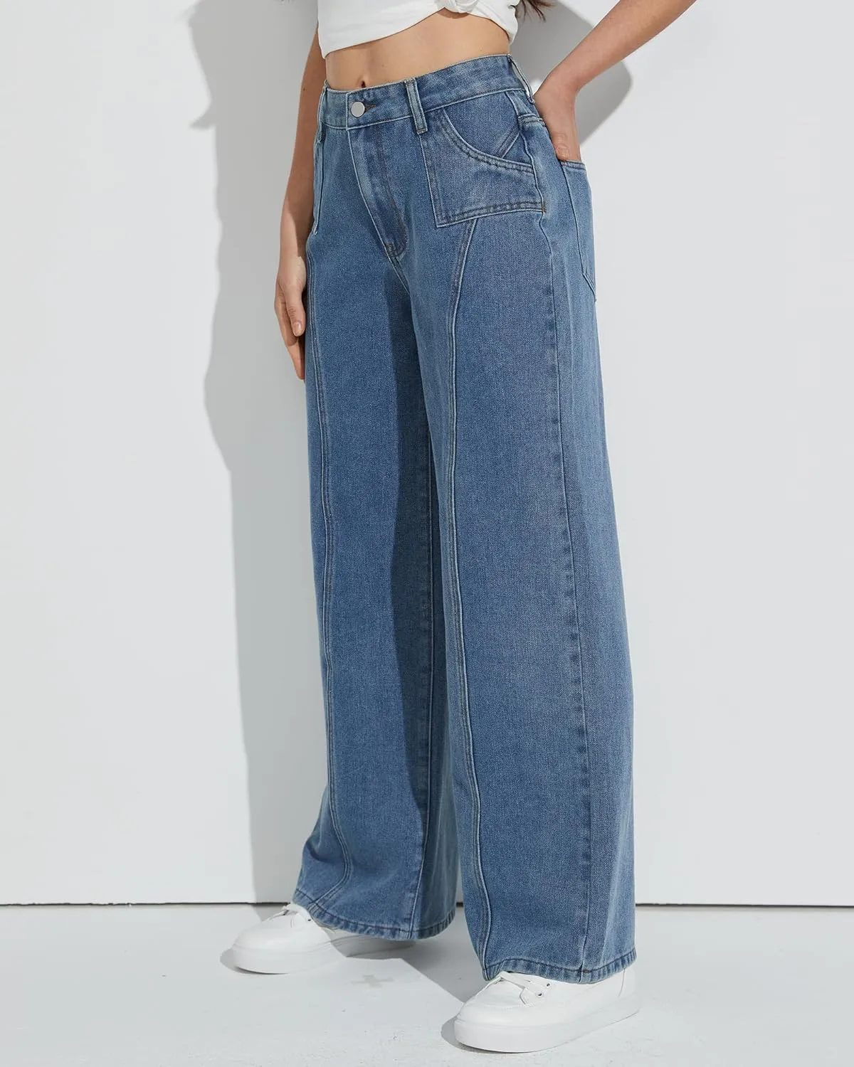 Mid Rise Wide Leg Jeans for Women Loose Front Seam Straight Leg Boyfriend Denim Pants Trendy