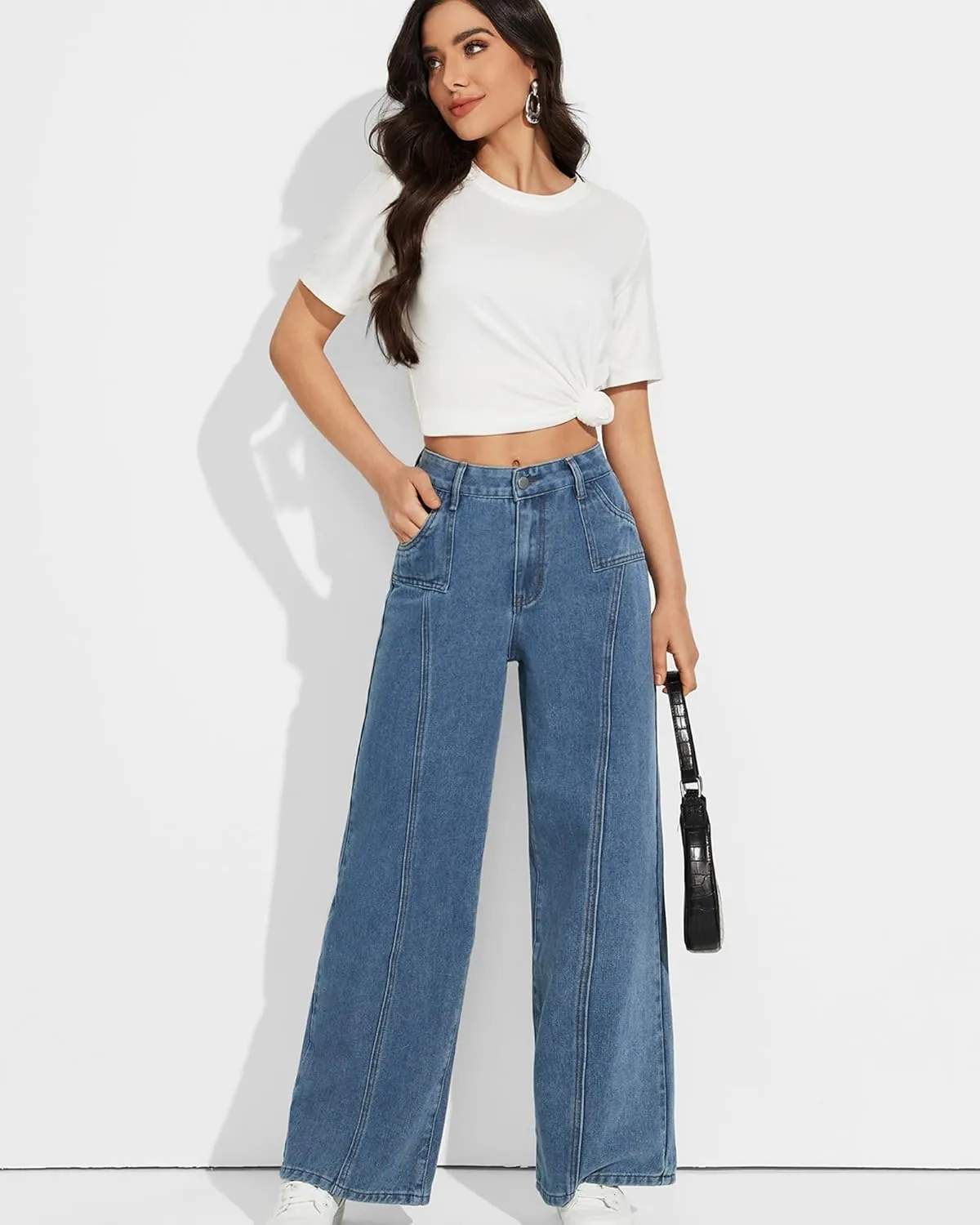 Mid Rise Wide Leg Jeans for Women Loose Front Seam Straight Leg Boyfriend Denim Pants Trendy