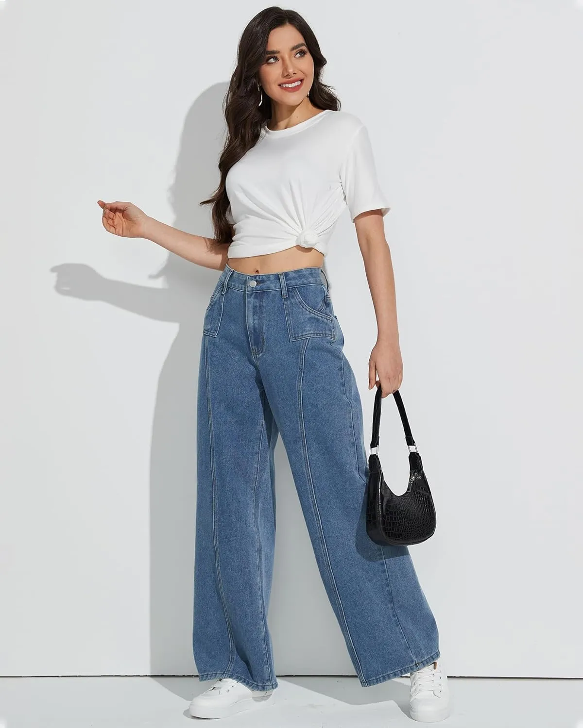 Mid Rise Wide Leg Jeans for Women Loose Front Seam Straight Leg Boyfriend Denim Pants Trendy