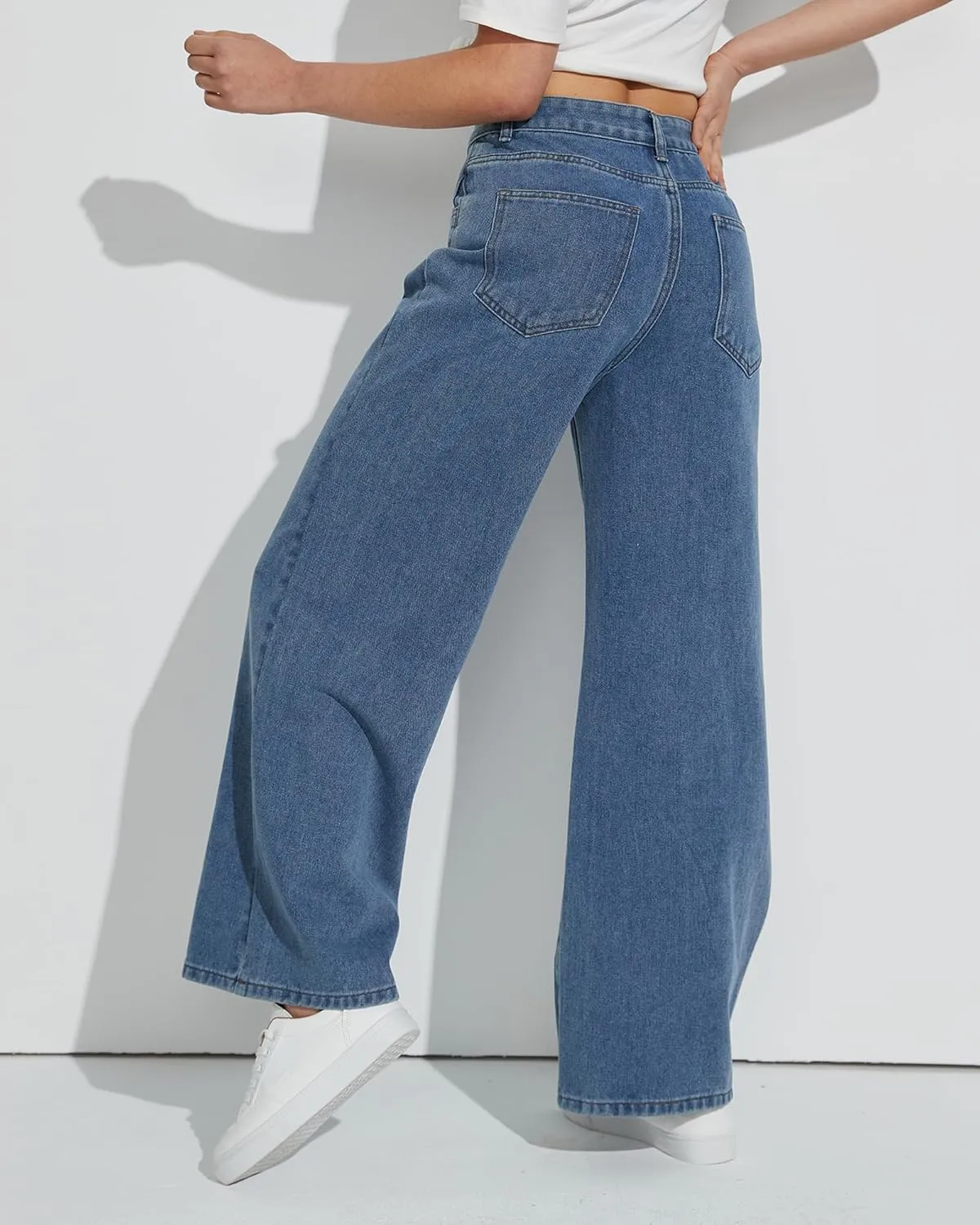 Mid Rise Wide Leg Jeans for Women Loose Front Seam Straight Leg Boyfriend Denim Pants Trendy