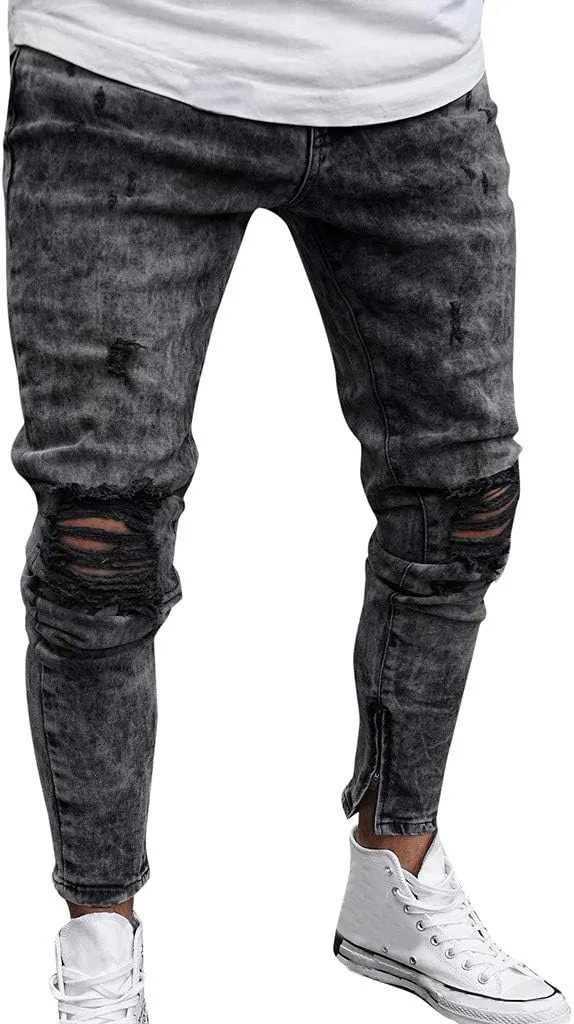 MIDOO Mens Pants Jeans Slim Fit Ripped Distressed Jeans Wide Leg Casual Long Denim Pants Trousers with Pocket