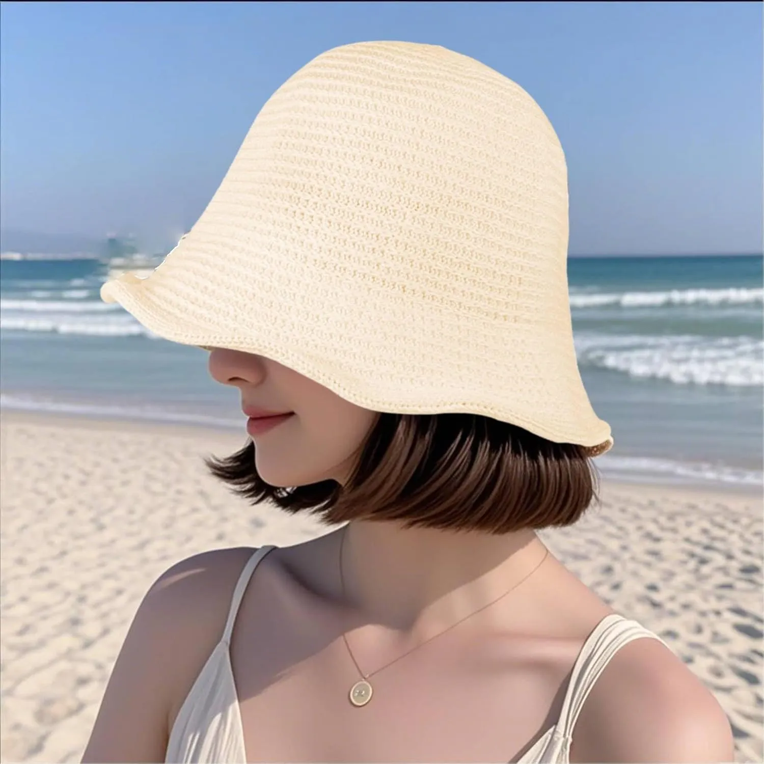 MILAKOO Crochet Bucket Hat Knit Braided Floppy Soild Color Cap for Women Foldable Sun Bowler Hat
