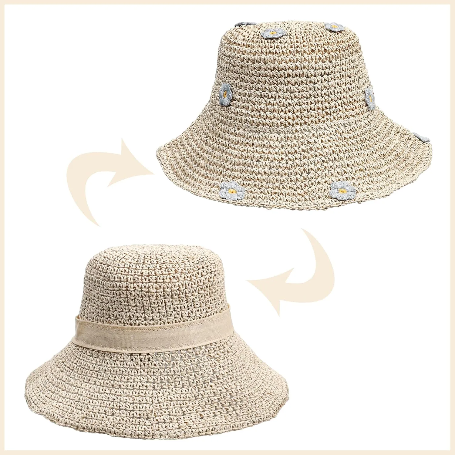 MILAKOO Crochet Bucket Hat Knit Braided Floppy Soild Color Cap for Women Foldable Sun Bowler Hat