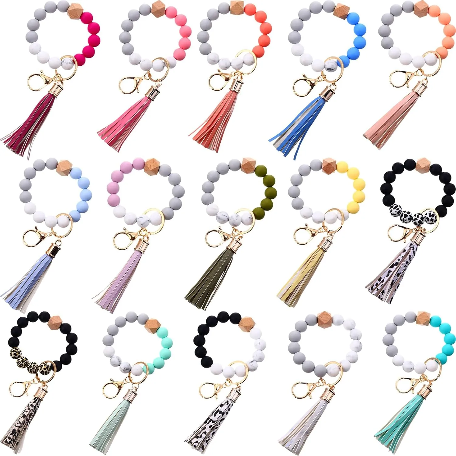 Misdary 15 Pcs Silicone Beaded Key Ring Bracelet for Women Portable Car Key Keychain Wristlet Holder with Tassel Bangle Chain