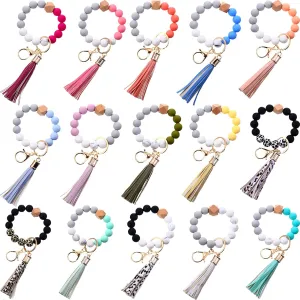 Misdary 15 Pcs Silicone Beaded Key Ring Bracelet for Women Portable Car Key Keychain Wristlet Holder with Tassel Bangle Chain