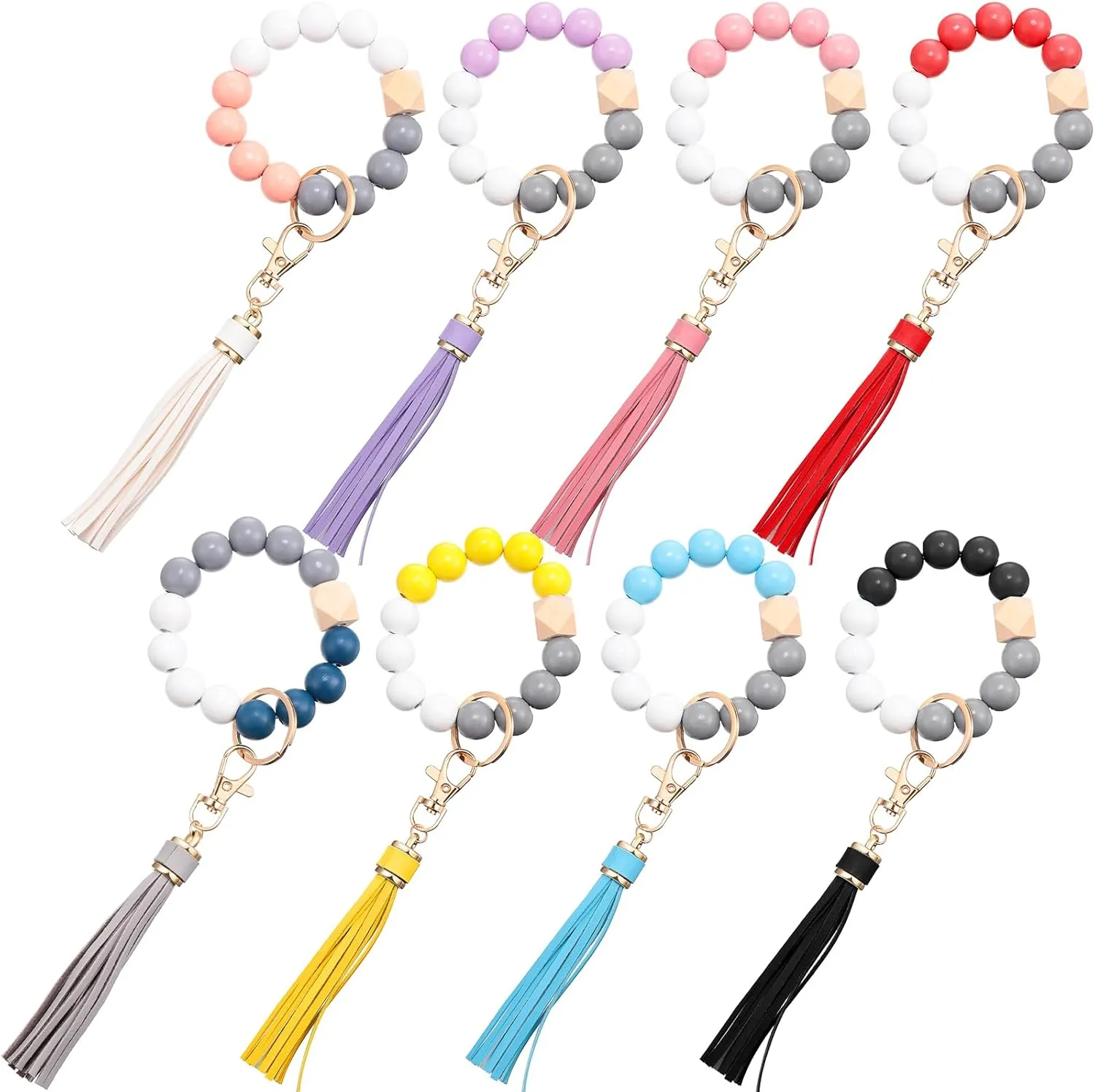 Misdary 8 Pcs Key Ring Bracelet with PU Leather Tassel Wood Bead Key Ring Cute Keychain Wristlet Elastic Beaded Bangle Chains Portable Car Keyring Bangle for Women