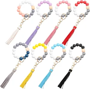Misdary 8 Pcs Key Ring Bracelet with PU Leather Tassel Wood Bead Key Ring Cute Keychain Wristlet Elastic Beaded Bangle Chains Portable Car Keyring Bangle for Women