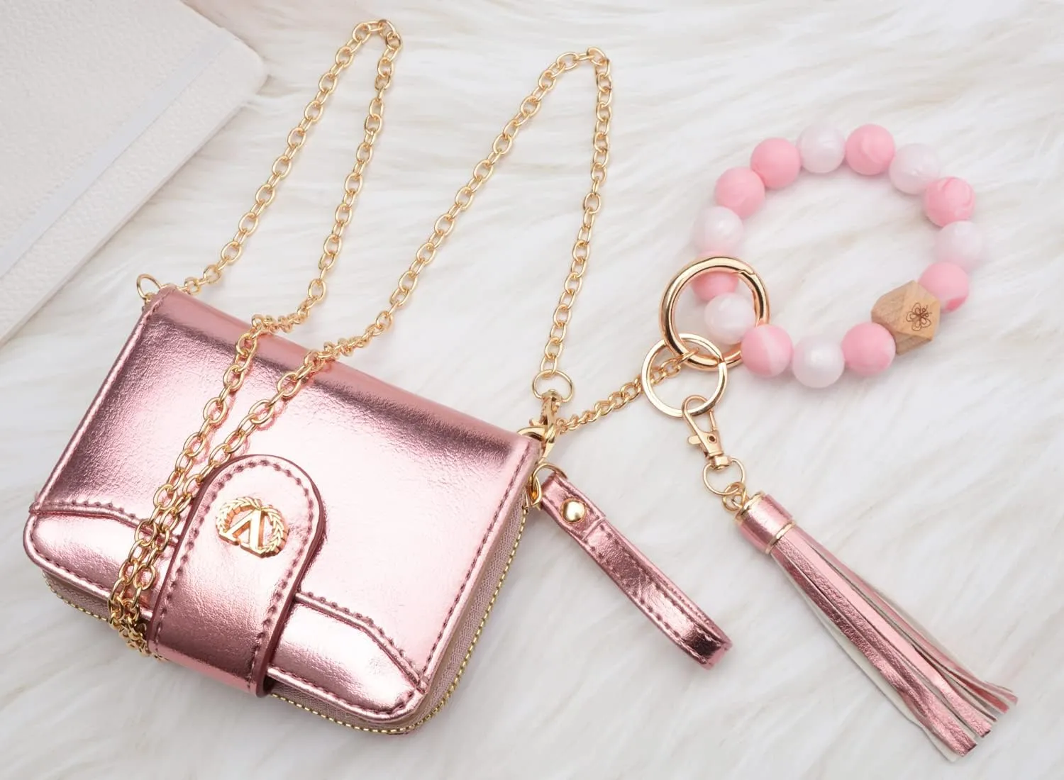 Multi-Purpose Wallet High Capacity Card Holder Zipper Coin Purse with Wristlet Bracelet Keychain Silicone Beaded Bangle Key Ring