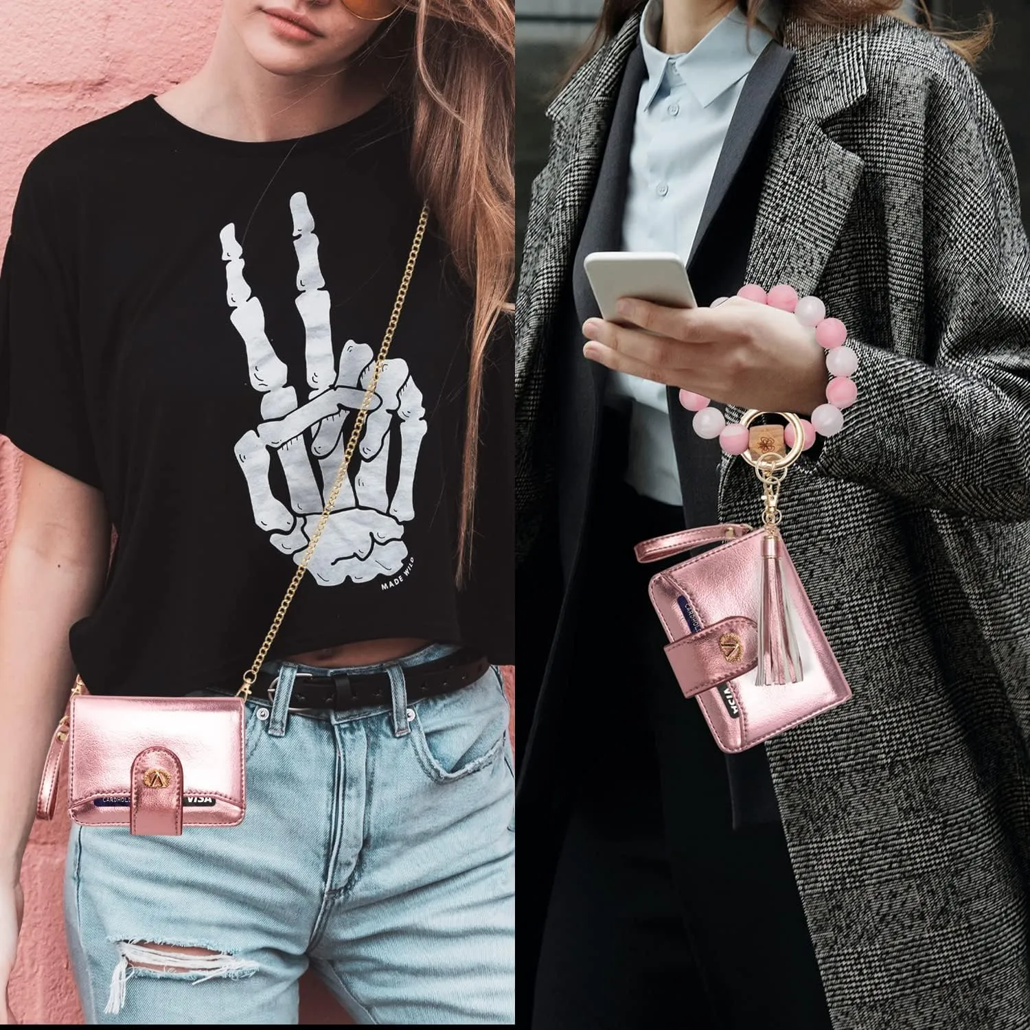 Multi-Purpose Wallet High Capacity Card Holder Zipper Coin Purse with Wristlet Bracelet Keychain Silicone Beaded Bangle Key Ring