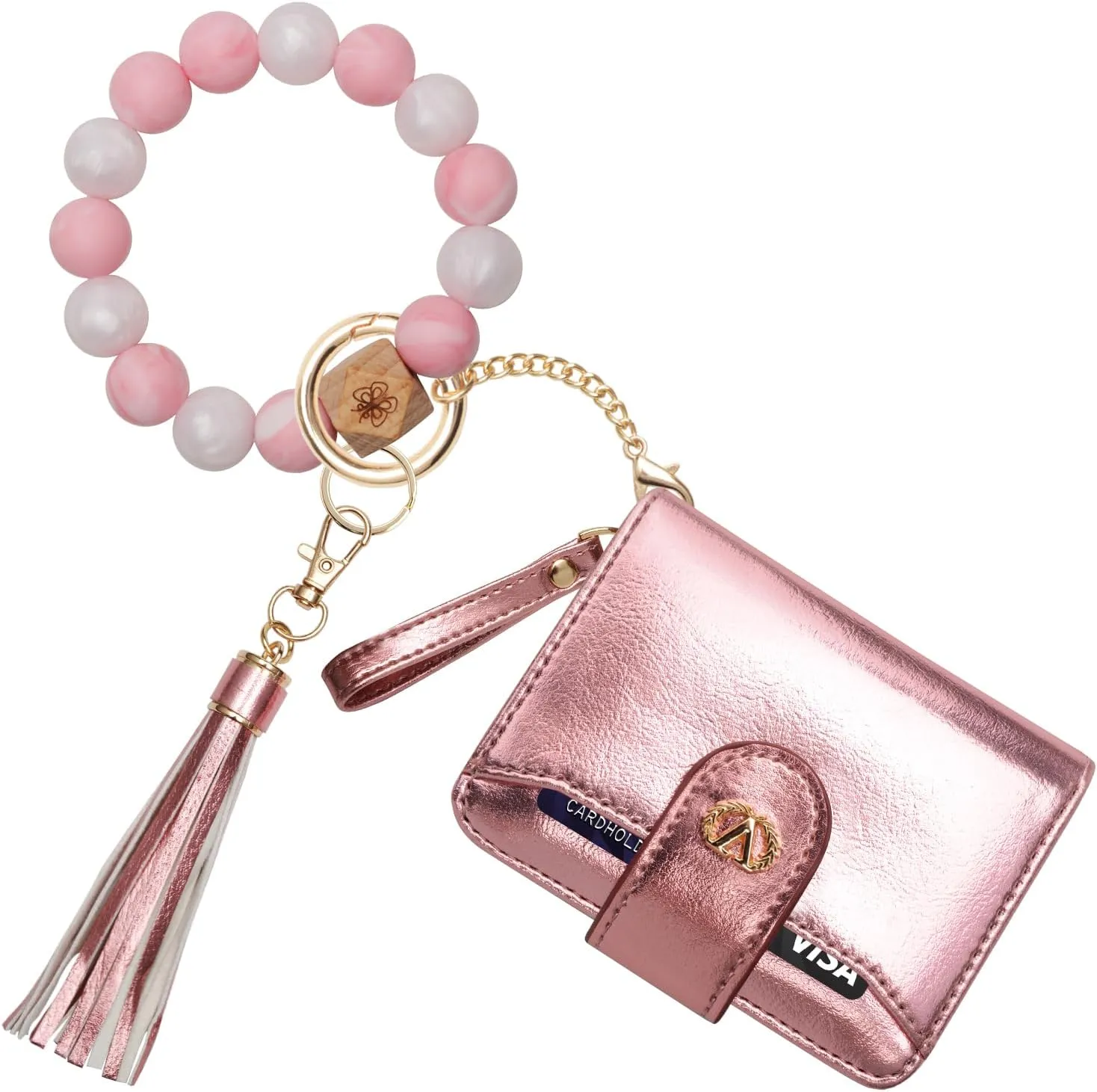 Multi-Purpose Wallet High Capacity Card Holder Zipper Coin Purse with Wristlet Bracelet Keychain Silicone Beaded Bangle Key Ring