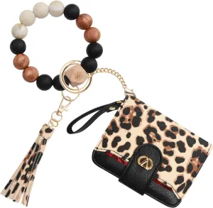 Multi-Purpose Wallet High Capacity Card Holder Zipper Coin Purse with Wristlet Bracelet Keychain Silicone Beaded Bangle Key Ring
