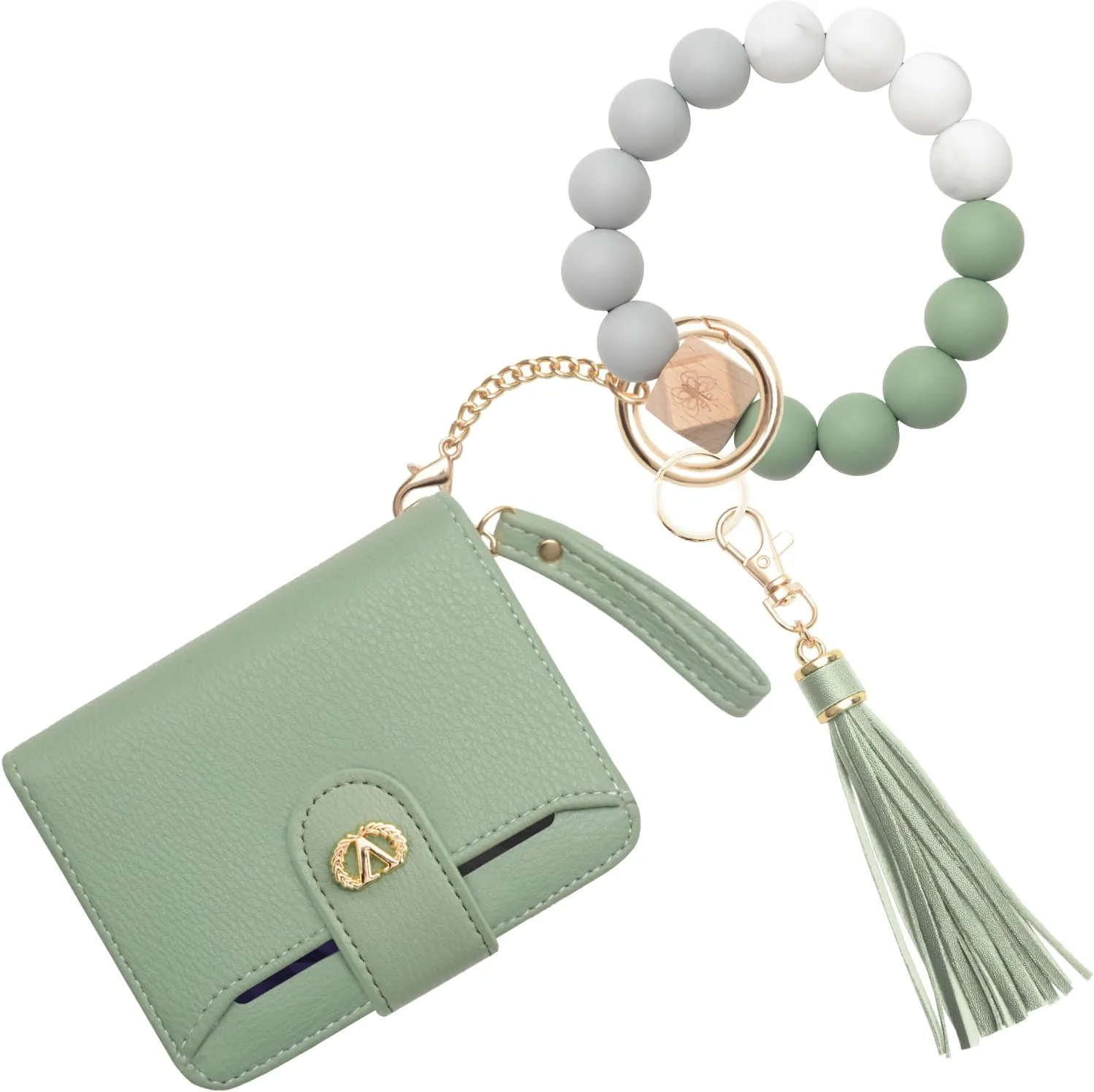 Multi-Purpose Wallet High Capacity Card Holder Zipper Coin Purse with Wristlet Bracelet Keychain Silicone Beaded Bangle Key Ring