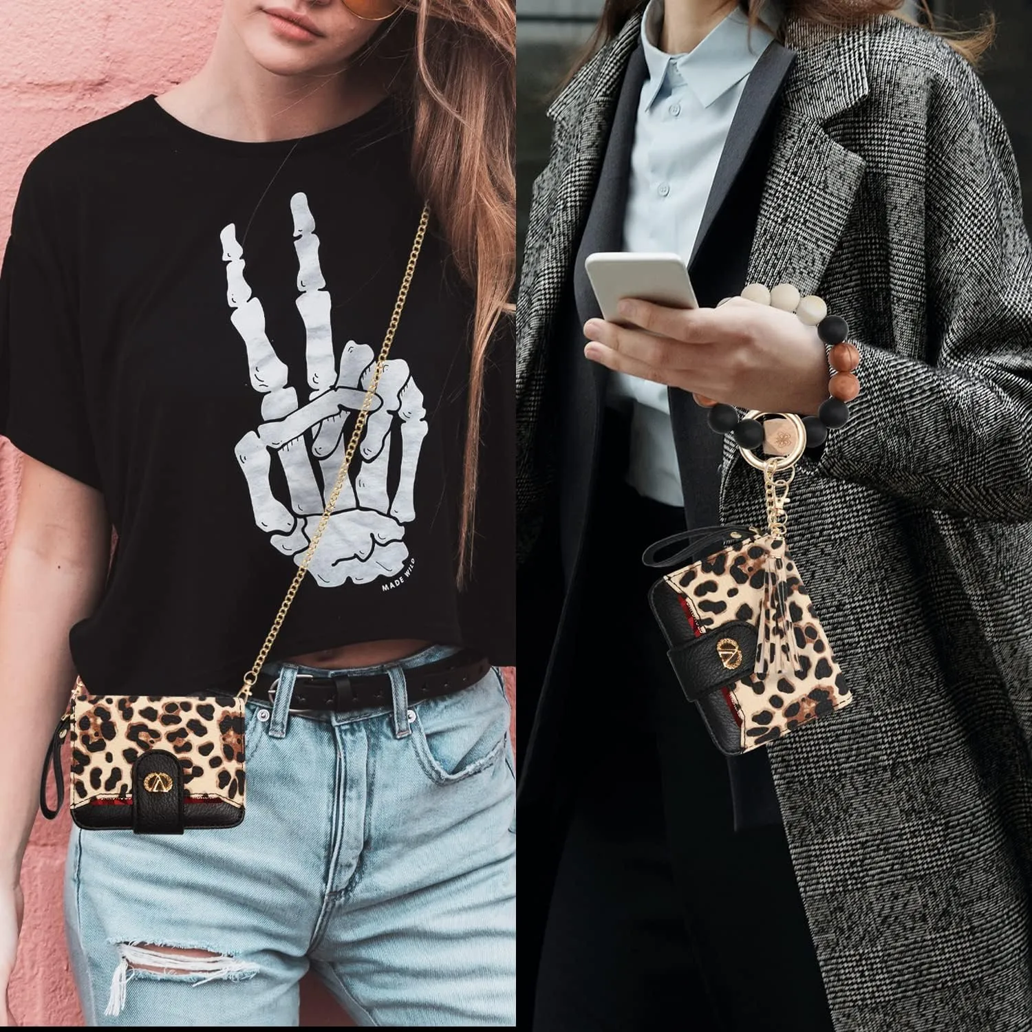 Multi-Purpose Wallet High Capacity Card Holder Zipper Coin Purse with Wristlet Bracelet Keychain Silicone Beaded Bangle Key Ring