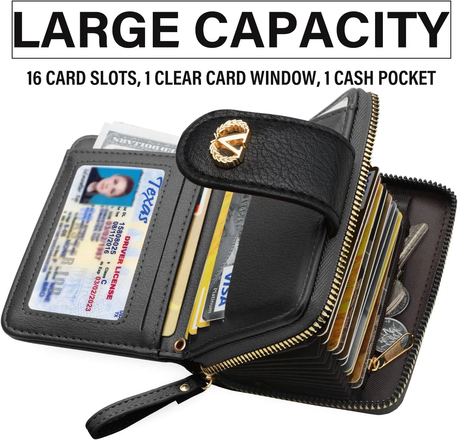 Multi-Purpose Wallet High Capacity Card Holder Zipper Coin Purse with Wristlet Bracelet Keychain Silicone Beaded Bangle Key Ring