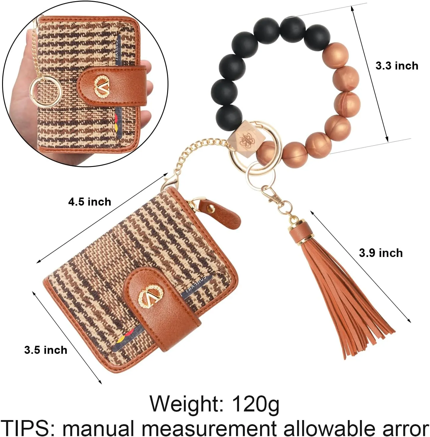 Multi-Purpose Wallet High Capacity Card Holder Zipper Coin Purse with Wristlet Bracelet Keychain Silicone Beaded Bangle Key Ring