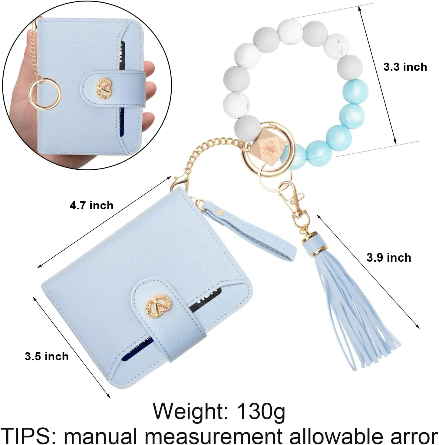 Multi-Purpose Wallet High Capacity Card Holder Zipper Coin Purse with Wristlet Bracelet Keychain Silicone Beaded Bangle Key Ring
