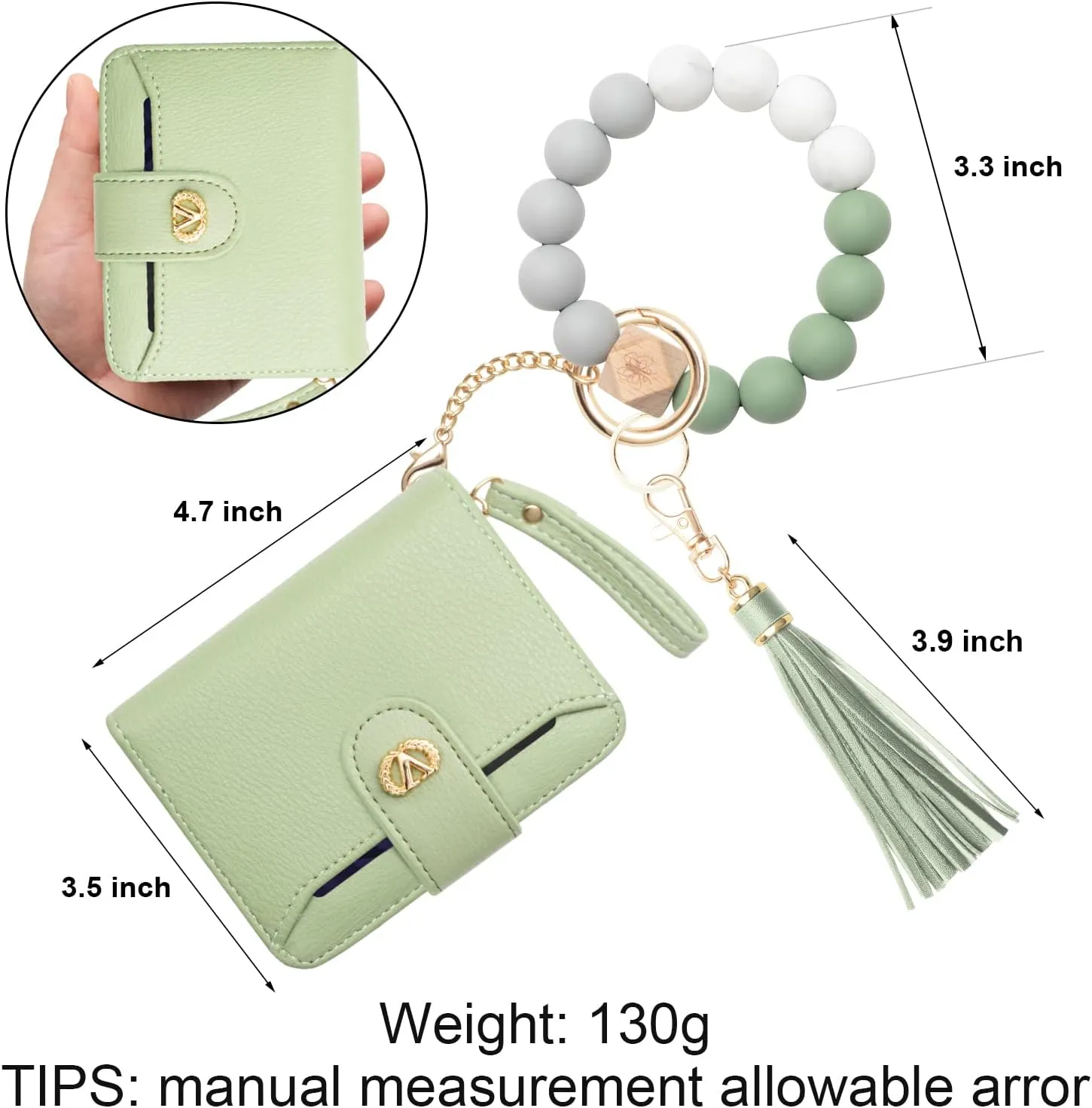 Multi-Purpose Wallet High Capacity Card Holder Zipper Coin Purse with Wristlet Bracelet Keychain Silicone Beaded Bangle Key Ring