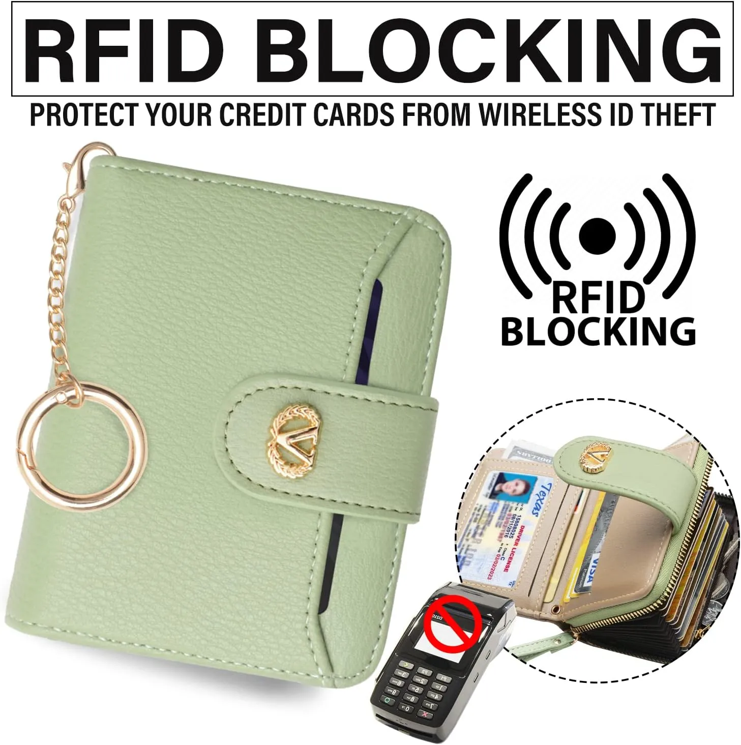 Multi-Purpose Wallet High Capacity Card Holder Zipper Coin Purse with Wristlet Bracelet Keychain Silicone Beaded Bangle Key Ring
