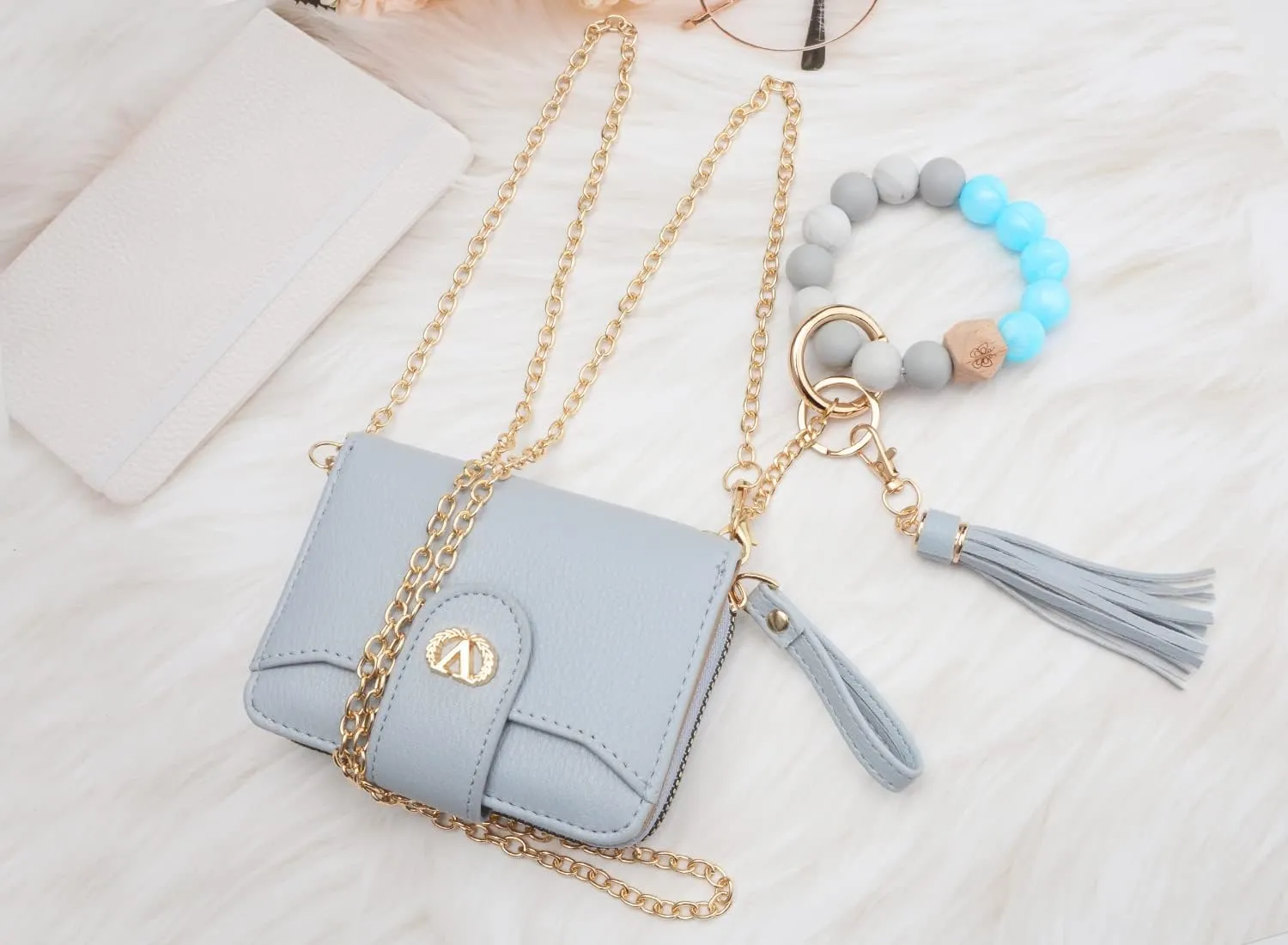 Multi-Purpose Wallet High Capacity Card Holder Zipper Coin Purse with Wristlet Bracelet Keychain Silicone Beaded Bangle Key Ring