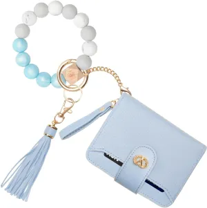 Multi-Purpose Wallet High Capacity Card Holder Zipper Coin Purse with Wristlet Bracelet Keychain Silicone Beaded Bangle Key Ring