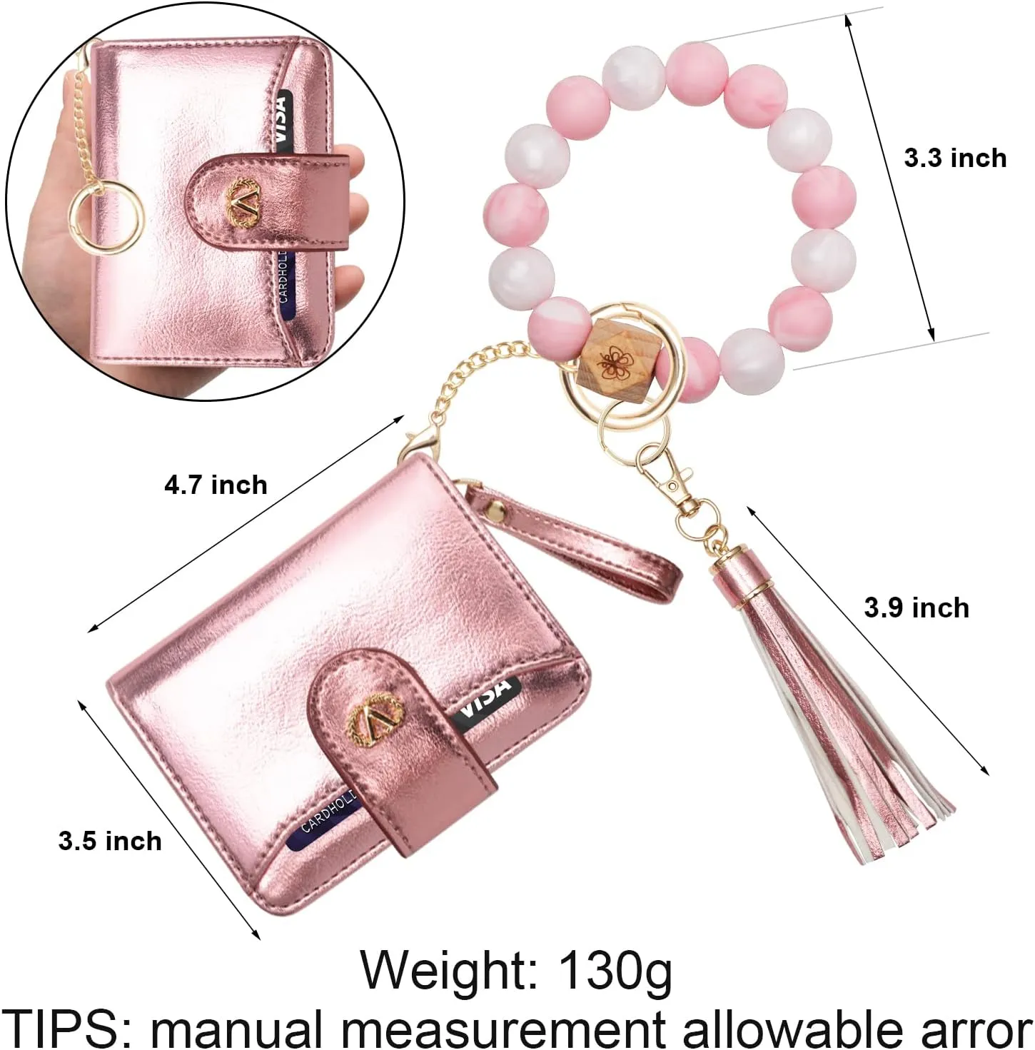 Multi-Purpose Wallet High Capacity Card Holder Zipper Coin Purse with Wristlet Bracelet Keychain Silicone Beaded Bangle Key Ring
