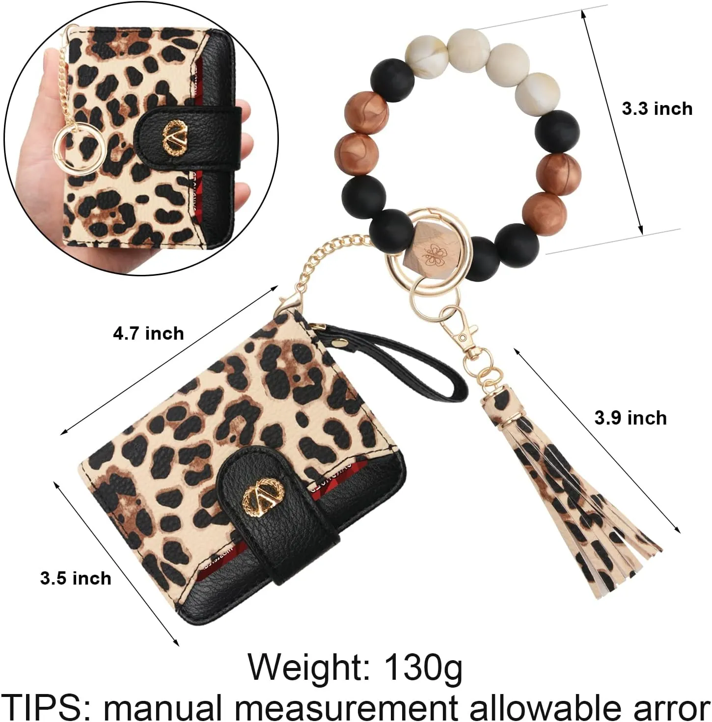 Multi-Purpose Wallet High Capacity Card Holder Zipper Coin Purse with Wristlet Bracelet Keychain Silicone Beaded Bangle Key Ring