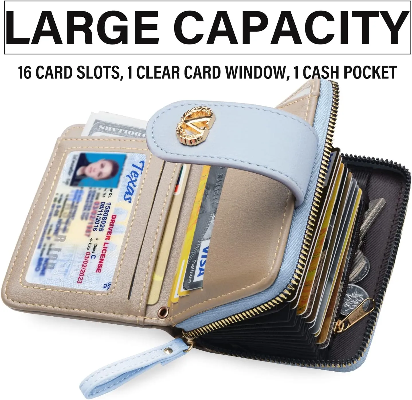 Multi-Purpose Wallet High Capacity Card Holder Zipper Coin Purse with Wristlet Bracelet Keychain Silicone Beaded Bangle Key Ring