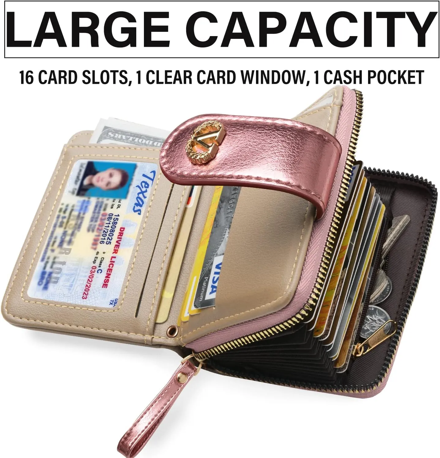 Multi-Purpose Wallet High Capacity Card Holder Zipper Coin Purse with Wristlet Bracelet Keychain Silicone Beaded Bangle Key Ring