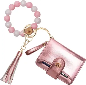Multi-Purpose Wallet High Capacity Card Holder Zipper Coin Purse with Wristlet Bracelet Keychain Silicone Beaded Bangle Key Ring