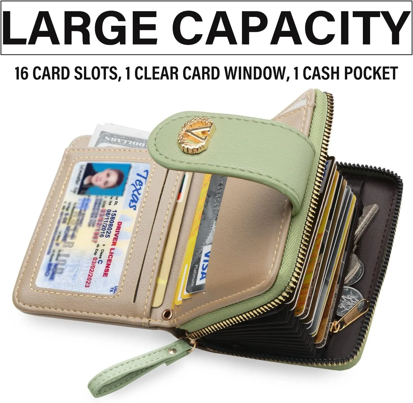 Multi-Purpose Wallet High Capacity Card Holder Zipper Coin Purse with Wristlet Bracelet Keychain Silicone Beaded Bangle Key Ring