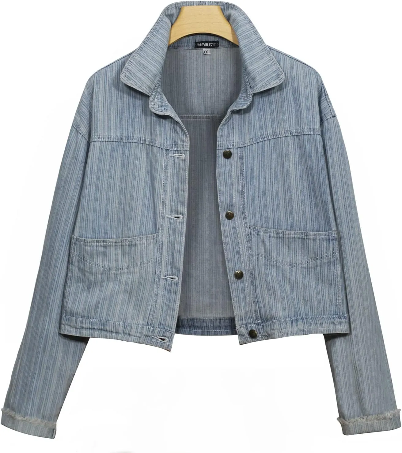 NASKY Womens Long Sleeve Jean Jacket Washed Button Classic Cropped Denim Jacket With Pockets