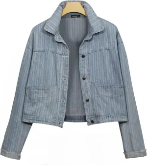NASKY Womens Long Sleeve Jean Jacket Washed Button Classic Cropped Denim Jacket With Pockets