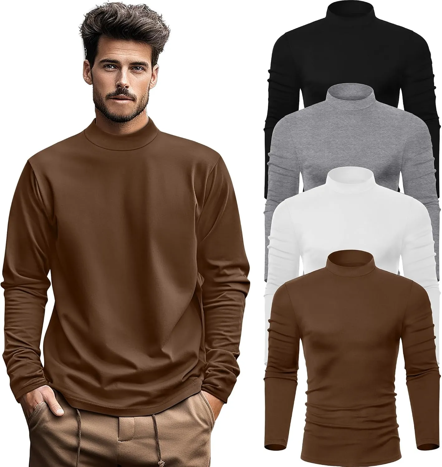 Neer 4 Pack Men's Mock Neck Shirts, Long Sleeve Turtleneck Pullover Tops Slim Fit Casual T Shirts Lightweight Basic Sweaters