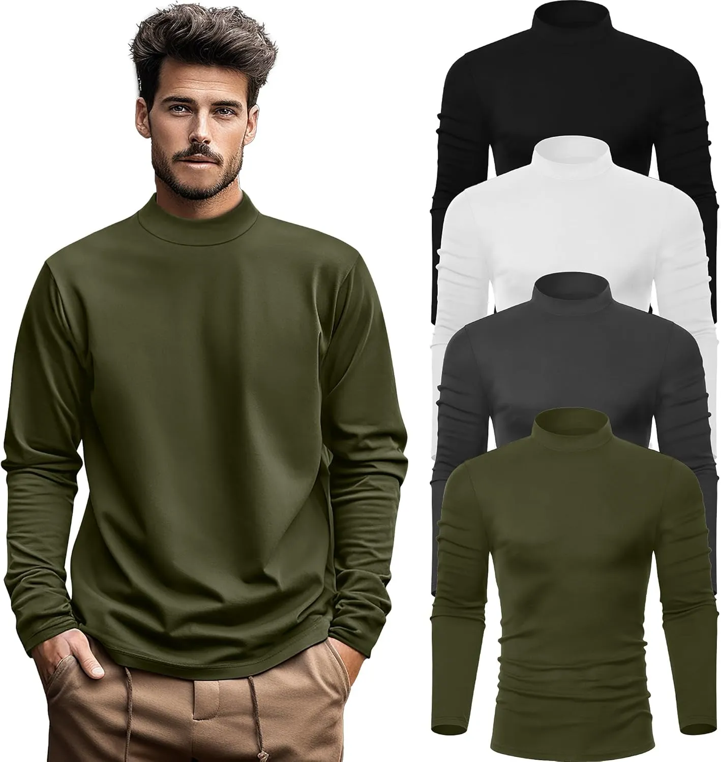 Neer 4 Pack Men's Mock Neck Shirts, Long Sleeve Turtleneck Pullover Tops Slim Fit Casual T Shirts Lightweight Basic Sweaters