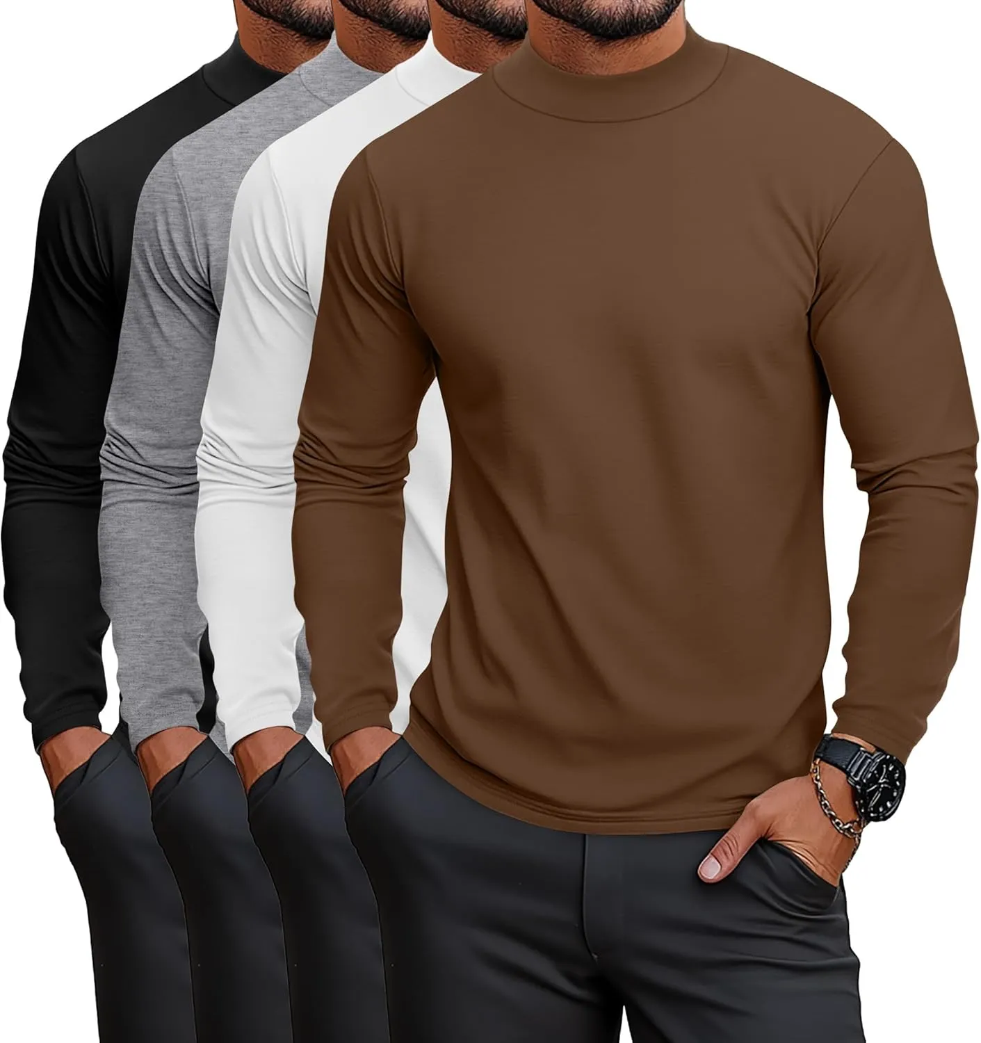 Neer 4 Pack Men's Mock Neck Shirts, Long Sleeve Turtleneck Pullover Tops Slim Fit Casual T Shirts Lightweight Basic Sweaters